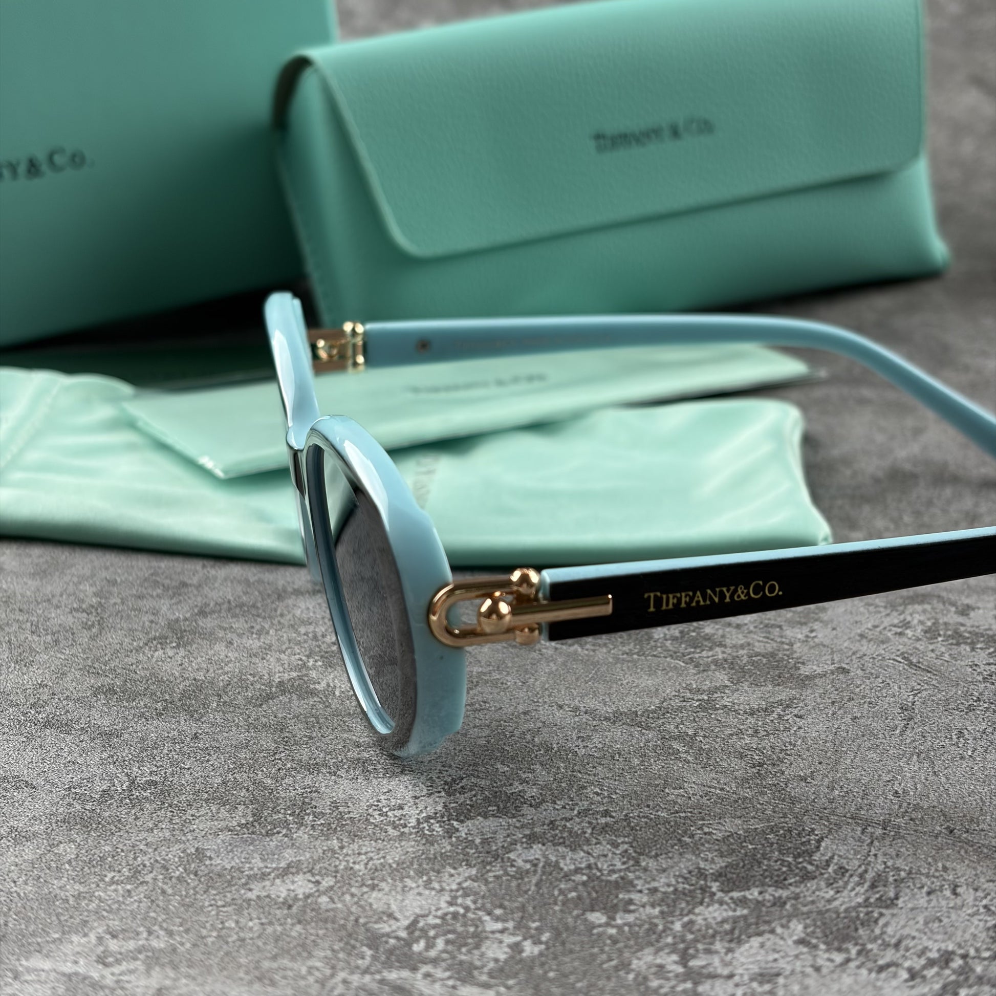 Elegant oval-frame sunglasses with contrasting color details and protective case on grey background.