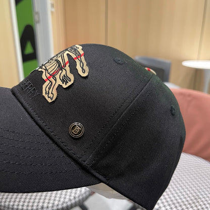 Black cotton baseball cap with intricate equestrian embroidery and a subtle metallic side accent.