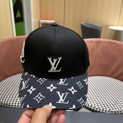 Black baseball cap featuring a raised minimalist logo and a striking geometric patterned brim.