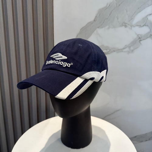 A navy blue cotton baseball cap with white embroidered logo and stripe detail on the side.