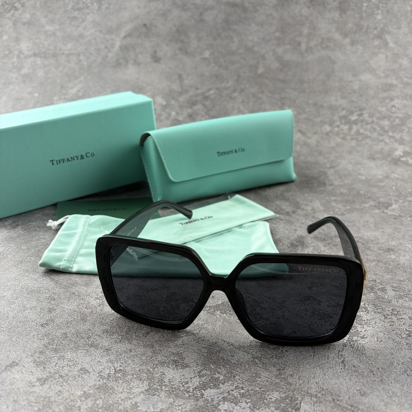 Oversized black square sunglasses with metallic side detailing, displayed with a storage case.