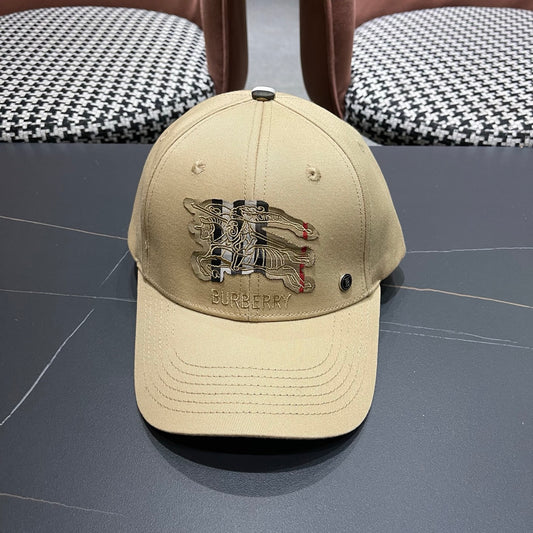 Khaki baseball cap with detailed embroidery on the front and an adjustable strap closure.