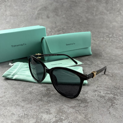 Black cat-eye sunglasses with decorative side temple accents, presented with a branded protective ca