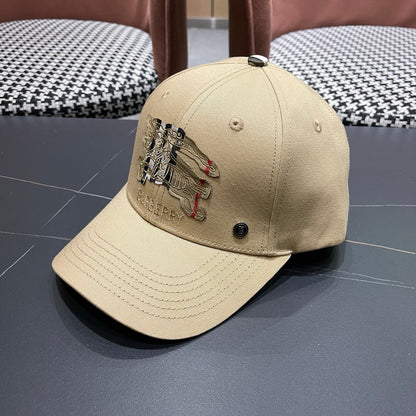 Khaki baseball cap with detailed embroidery on the front and an adjustable strap closure.