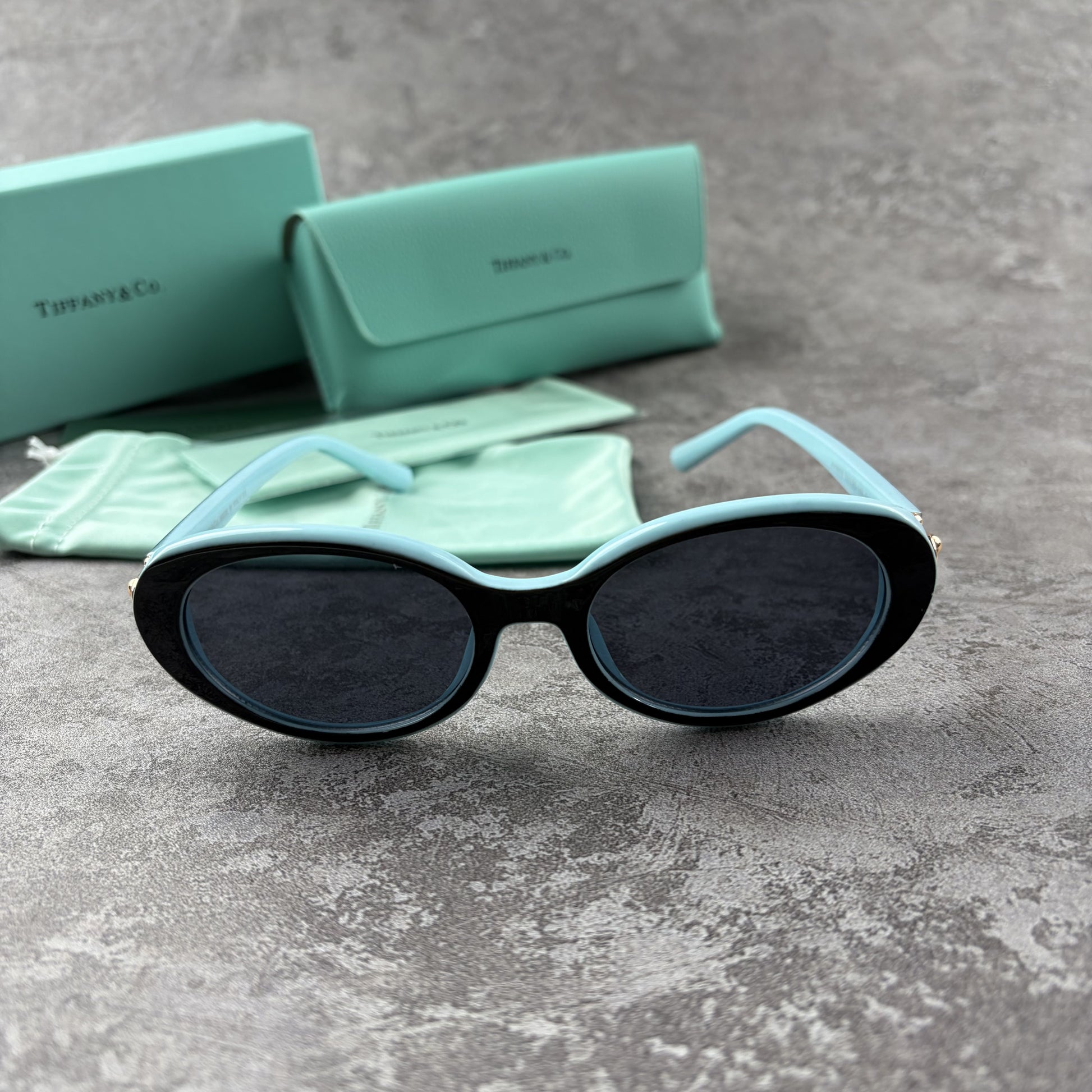 Elegant oval-frame sunglasses with contrasting color details and protective case on grey background.