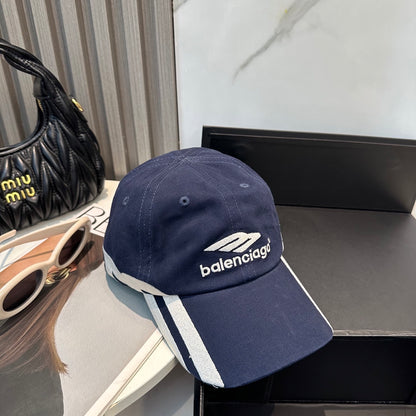 A navy blue cotton baseball cap with white embroidered logo and stripe detail on the side.