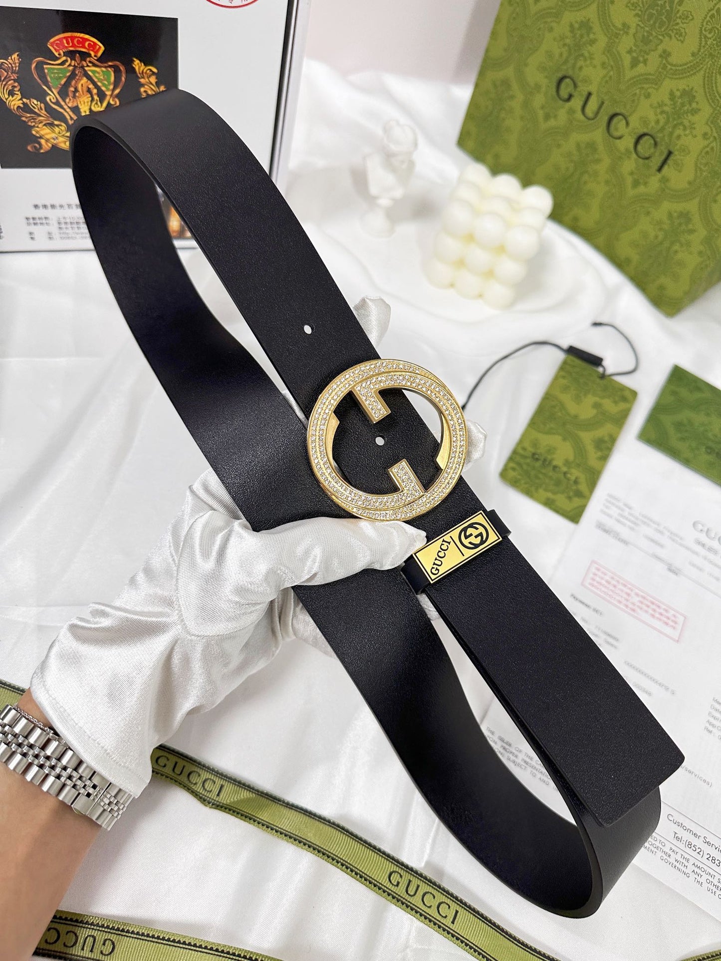 Elegant Black Leather Belt with Crystal-Encrusted Buckle