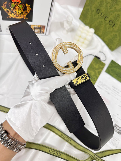 Elegant Black Leather Belt with Crystal-Encrusted Buckle