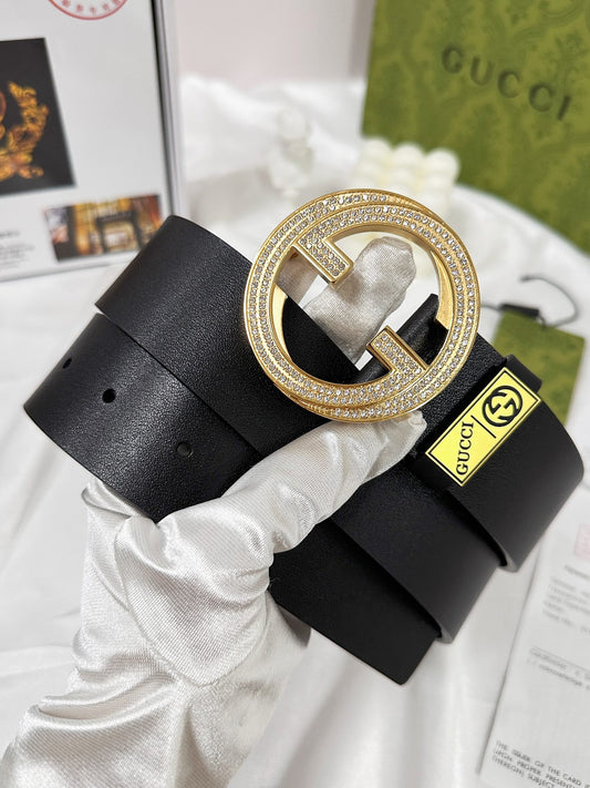 Elegant Black Leather Belt with Crystal-Encrusted Buckle