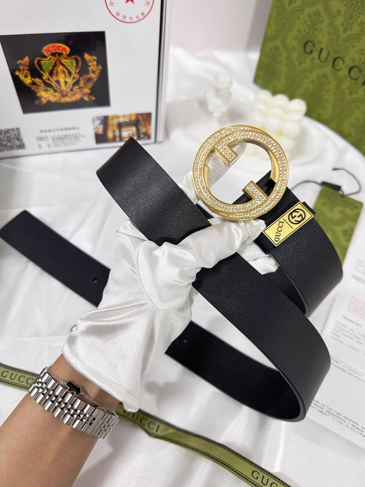 Elegant Black Leather Belt with Crystal-Encrusted Buckle