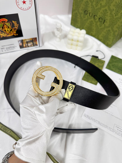 Elegant Black Leather Belt with Crystal-Encrusted Buckle