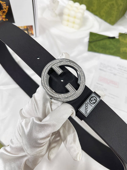 Elegant Black Leather Belt with Crystal-Encrusted Buckle