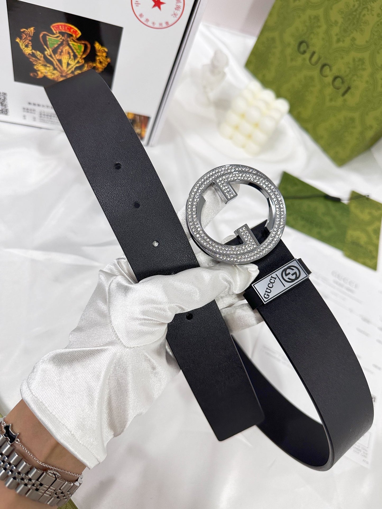 Elegant Black Leather Belt with Crystal-Encrusted Buckle