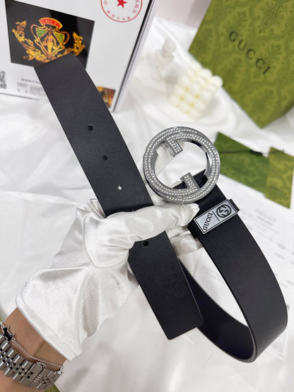 Elegant Black Leather Belt with Crystal-Encrusted Buckle