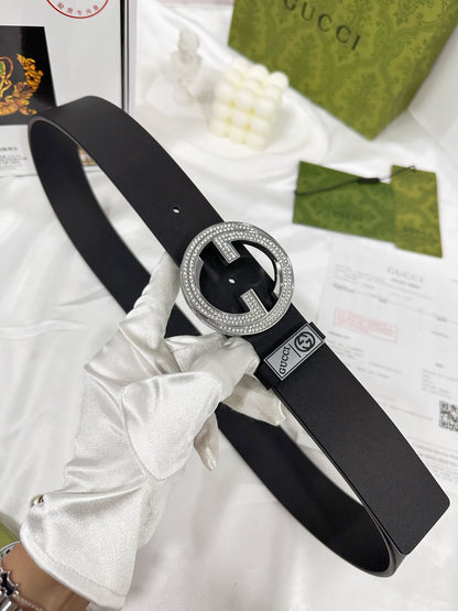 Elegant Black Leather Belt with Crystal-Encrusted Buckle