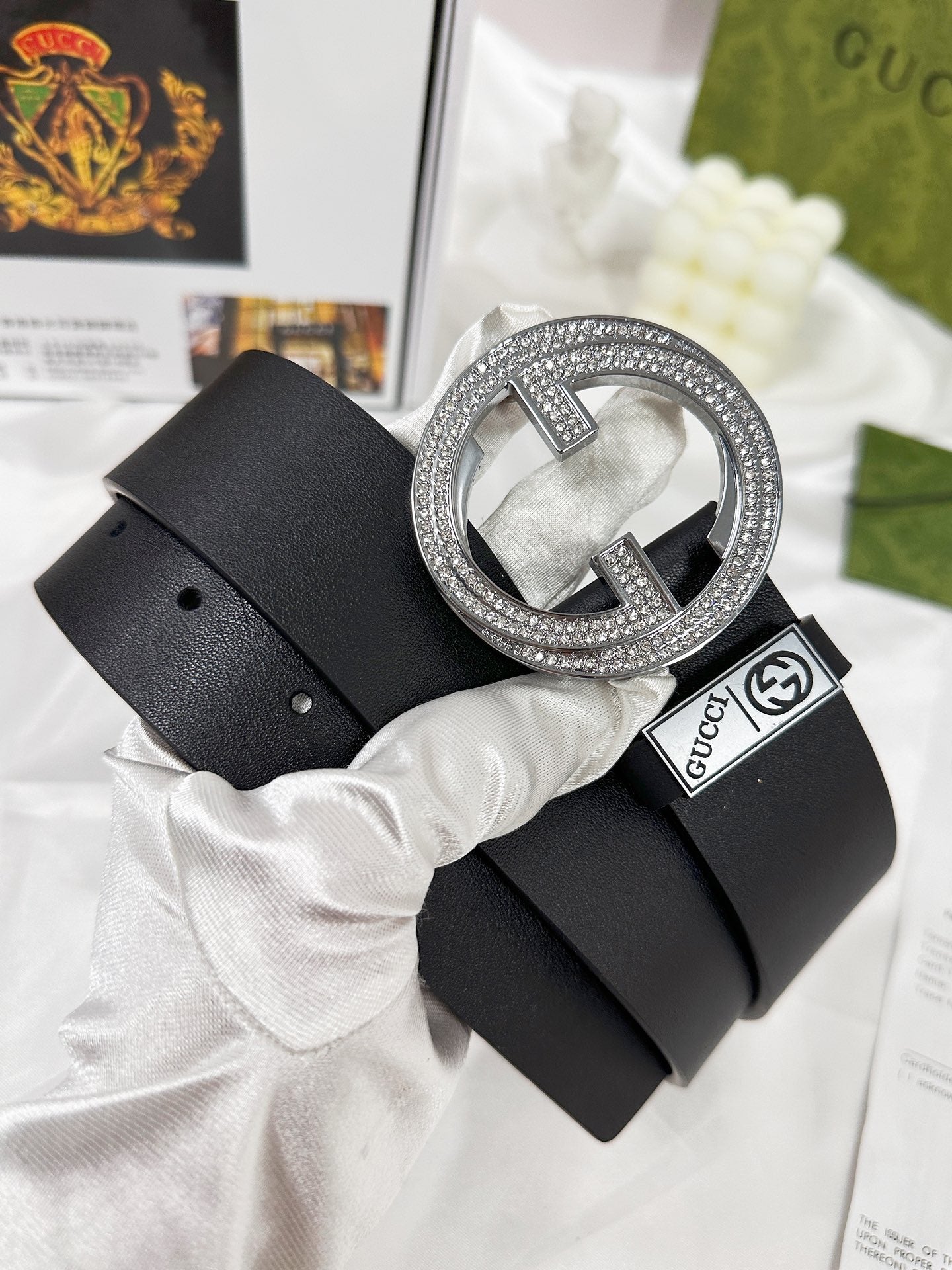 Elegant Black Leather Belt with Crystal-Encrusted Buckle