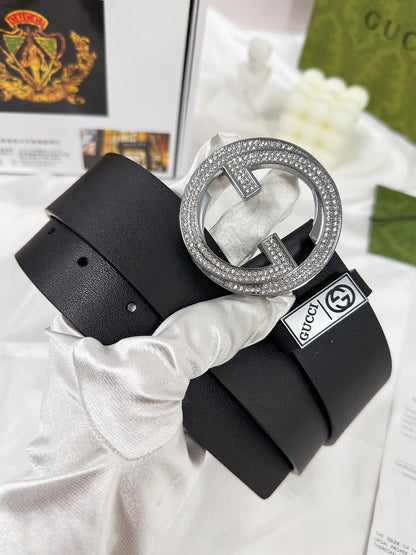 Elegant Black Leather Belt with Crystal-Encrusted Buckle