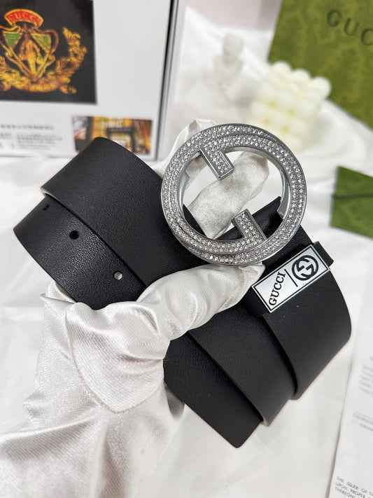 Elegant Black Leather Belt with Crystal-Encrusted Buckle