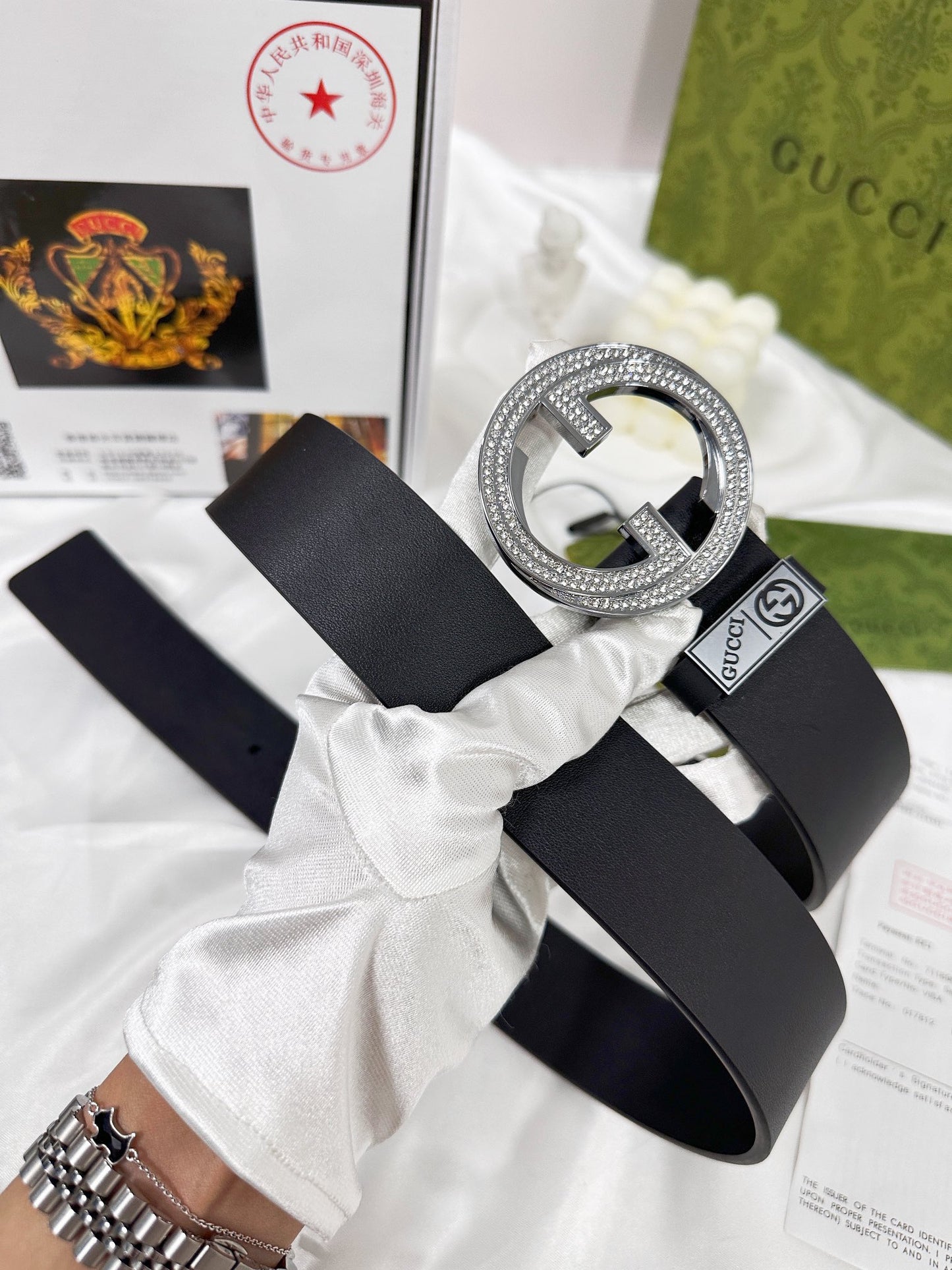 Elegant Black Leather Belt with Crystal-Encrusted Buckle