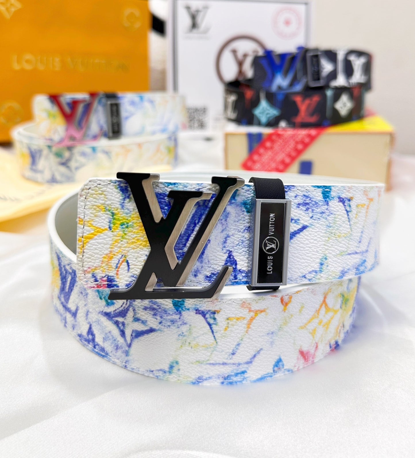 Colorful Monogram Print Belt with Silver Buckle