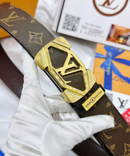 Luxury Monogram Leather Belt with Gold Geometric Buckle