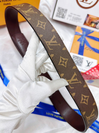 Luxury Monogram Leather Belt with Gold Geometric Buckle