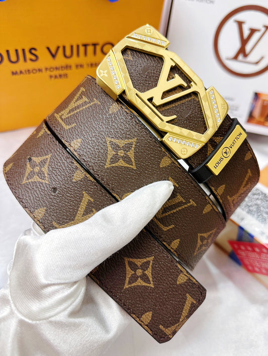 Luxury Monogram Leather Belt with Gold Geometric Buckle