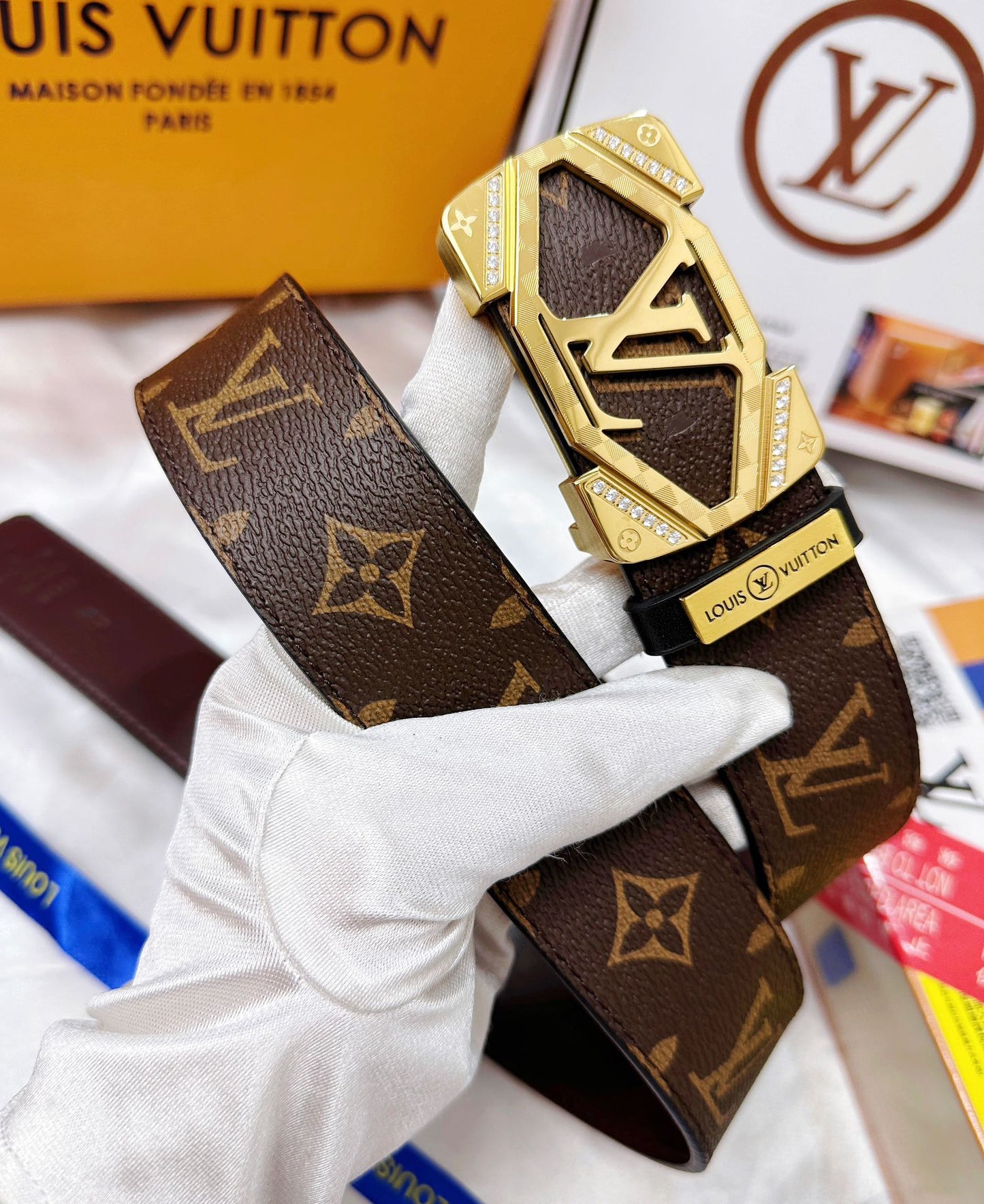 Luxury Monogram Leather Belt with Gold Geometric Buckle