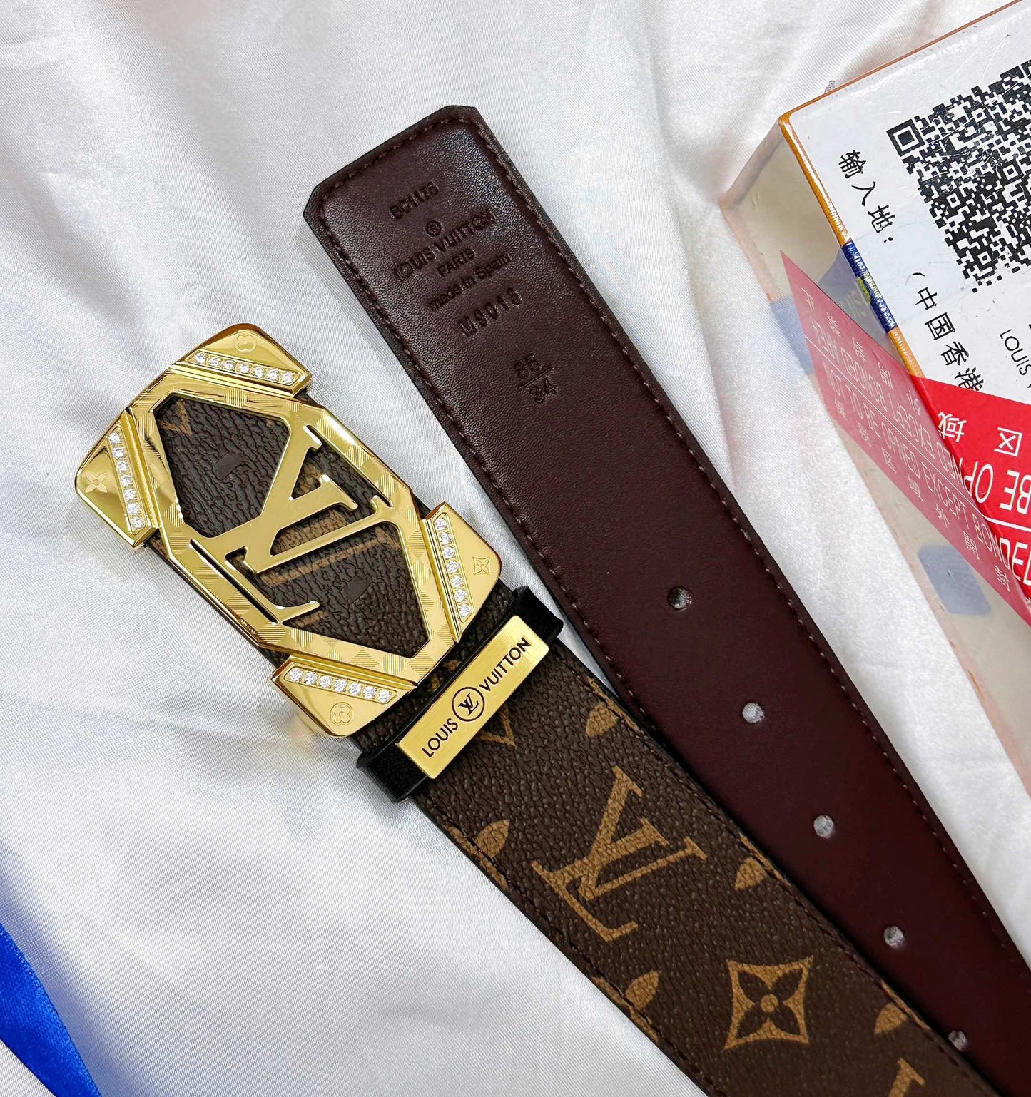 Luxury Monogram Leather Belt with Gold Geometric Buckle