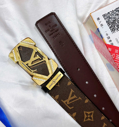 Luxury Monogram Leather Belt with Gold Geometric Buckle