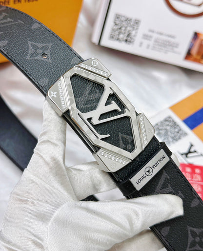 Luxury Monogram Leather Belt with Silver Geometric Buckle