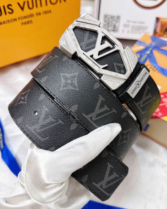 Luxury Monogram Leather Belt with Silver Geometric Buckle