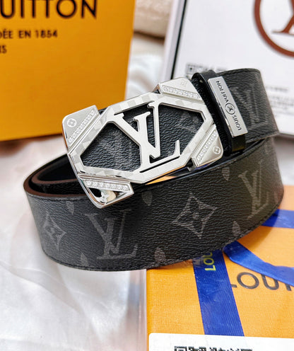 Luxury Monogram Leather Belt with Silver Geometric Buckle