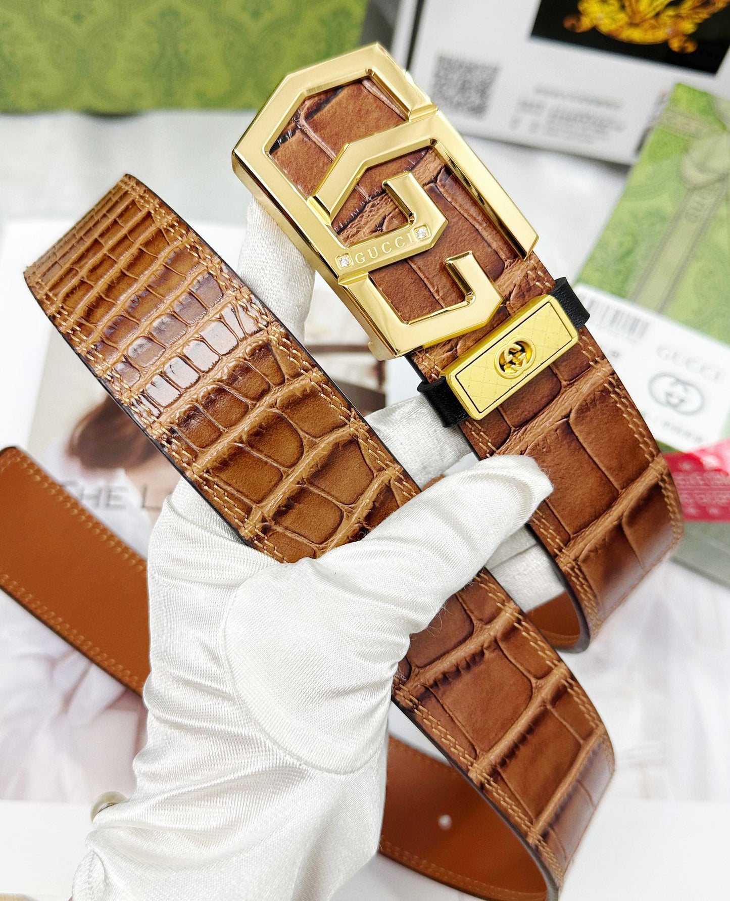 Croc-Embossed Leather Belt with Gold Geometric Buckle