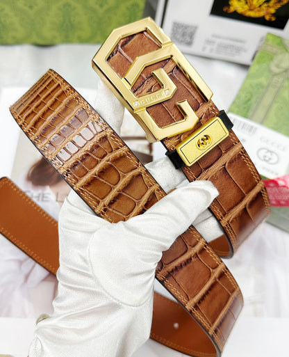 Croc-Embossed Leather Belt with Gold Geometric Buckle