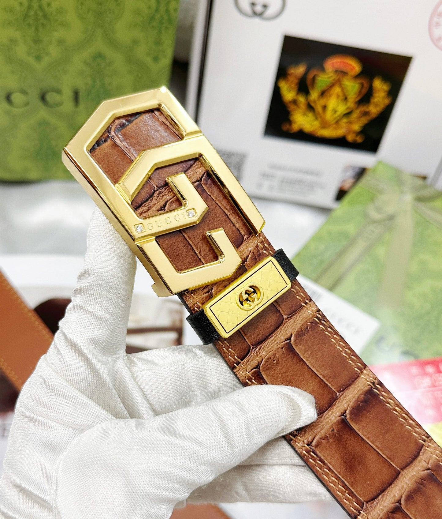 Croc-Embossed Leather Belt with Gold Geometric Buckle