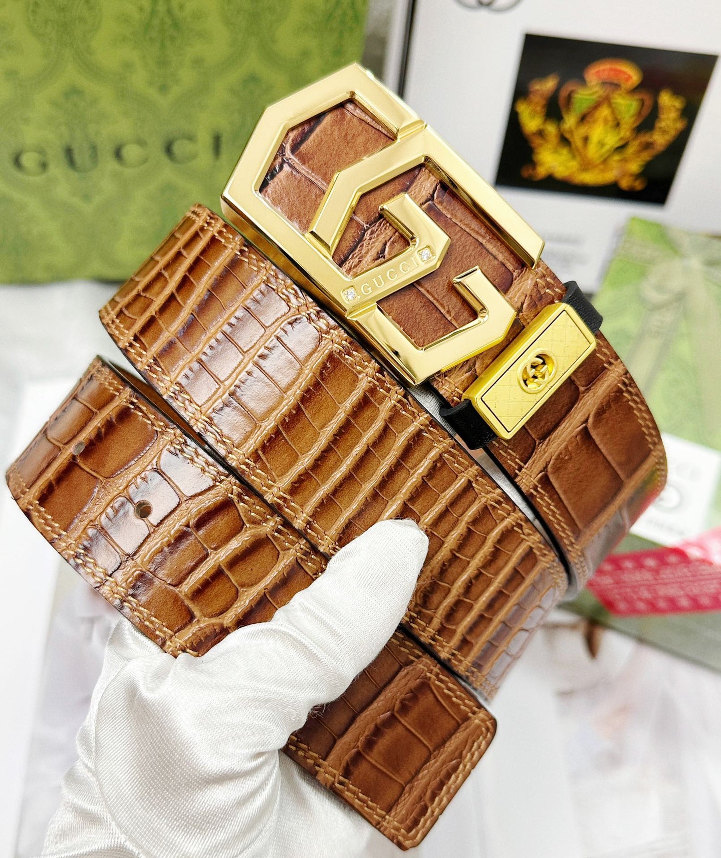 Croc-Embossed Leather Belt with Gold Geometric Buckle