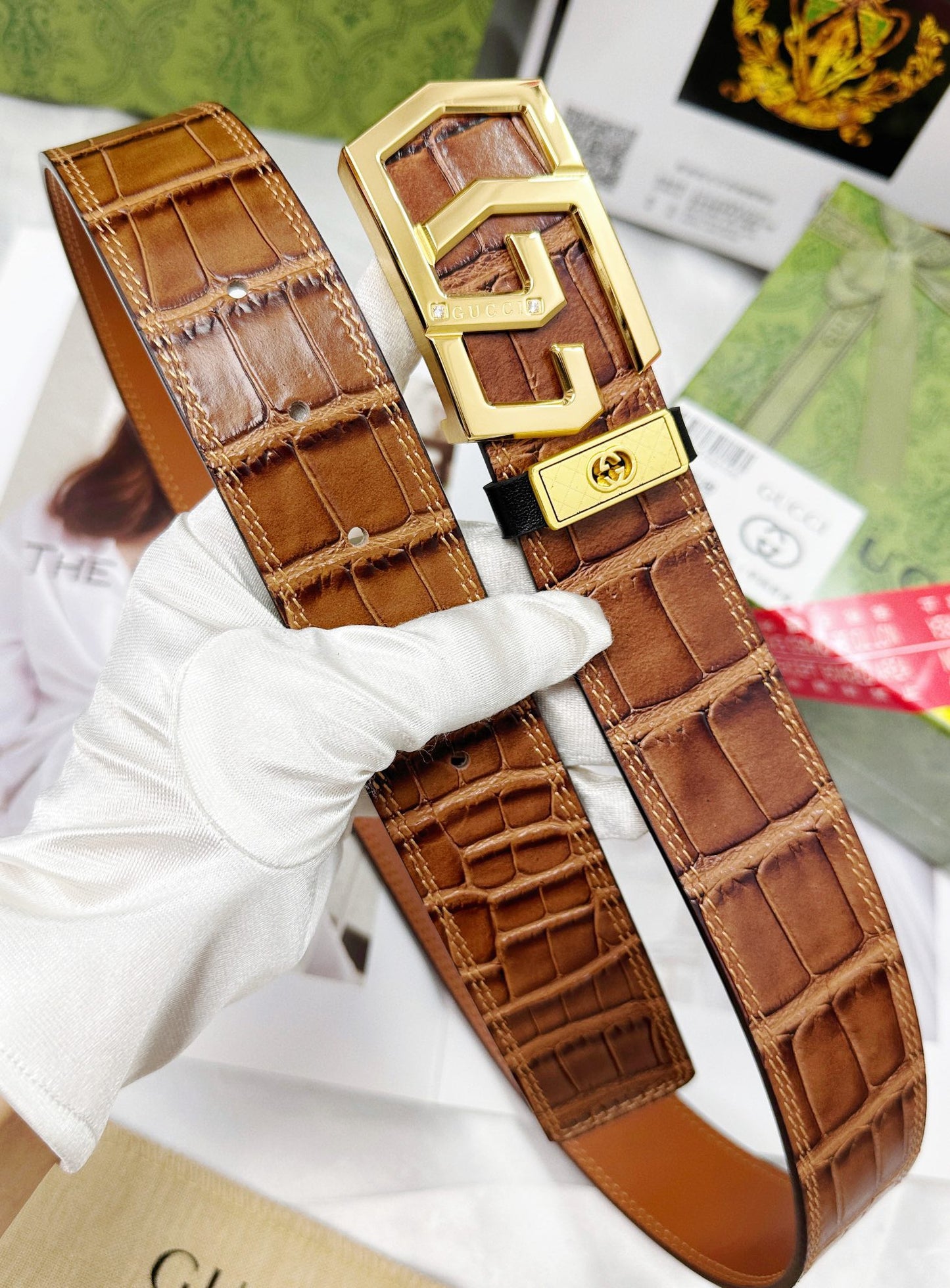 Croc-Embossed Leather Belt with Gold Geometric Buckle