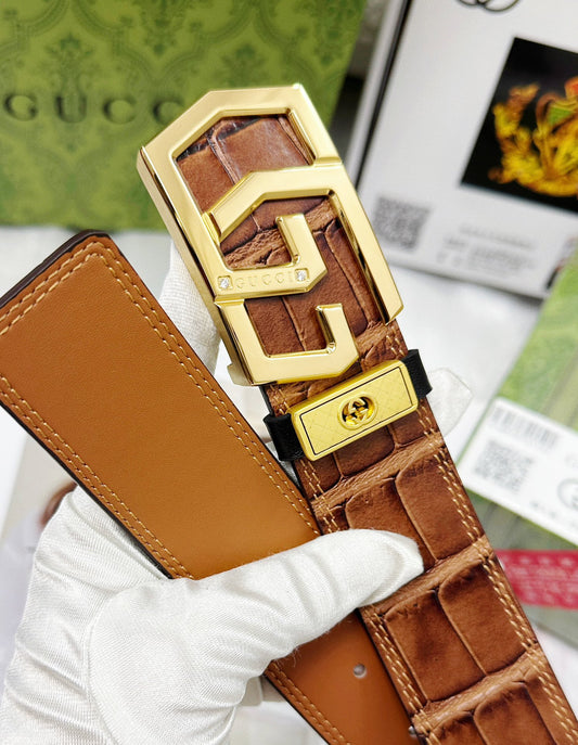 Croc-Embossed Leather Belt with Gold Geometric Buckle