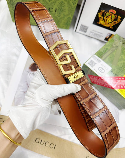 Croc-Embossed Leather Belt with Gold Geometric Buckle