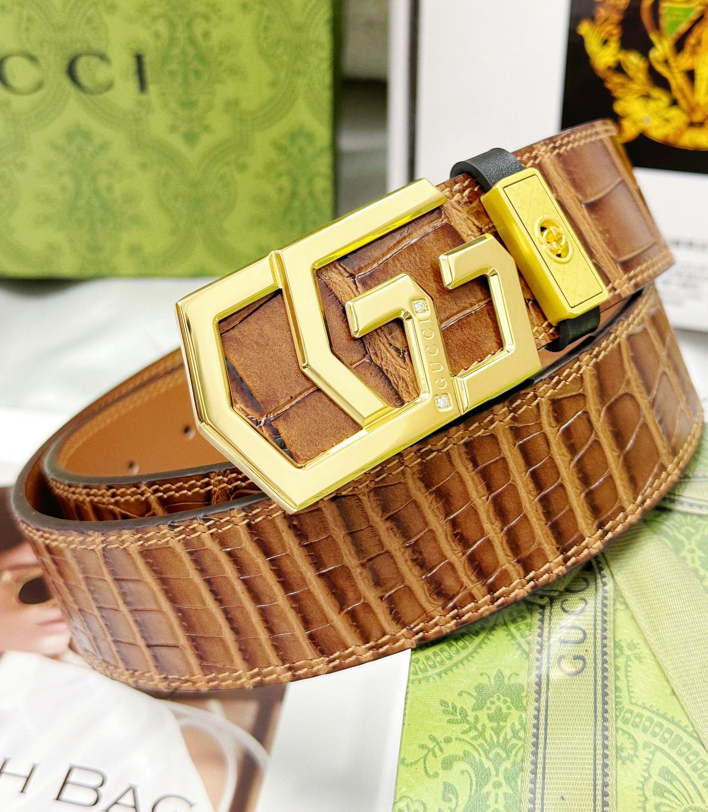 Croc-Embossed Leather Belt with Gold Geometric Buckle