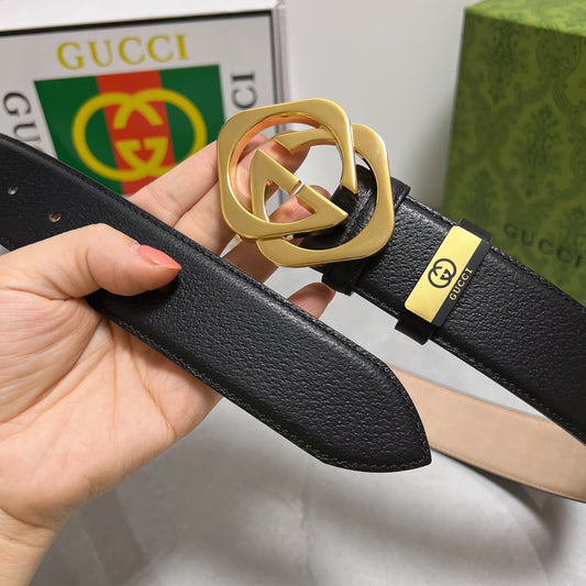 Black Leather Belt with Gold G/G Buckle