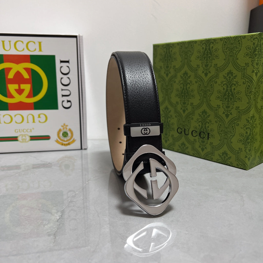 Black Leather Belt with Silver GG  Buckle