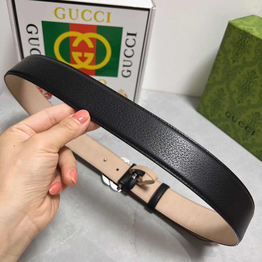 Black Leather Belt with Silver GG  Buckle