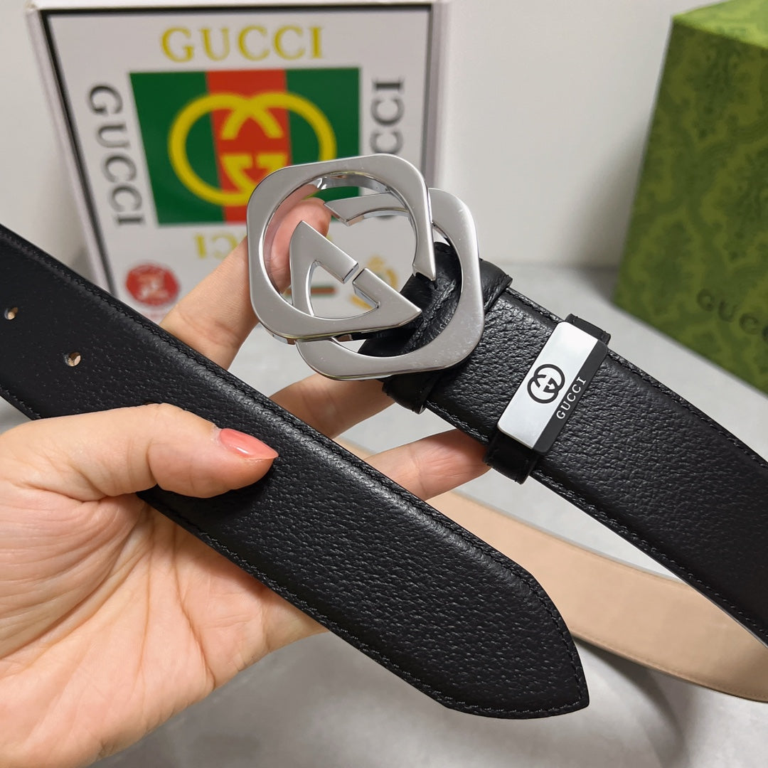 Black Leather Belt with Silver GG  Buckle