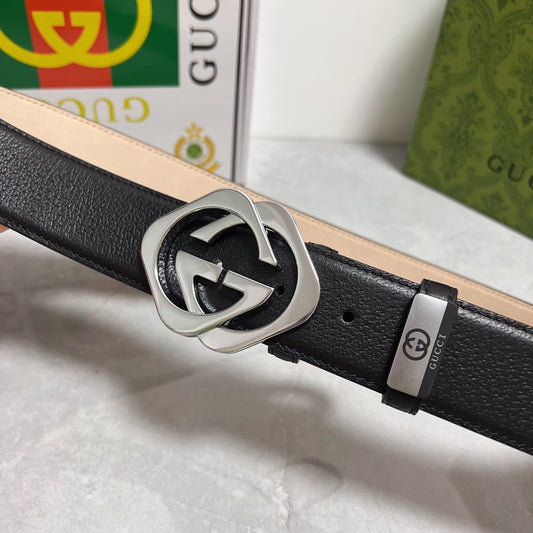Black Leather Belt with Silver GG  Buckle