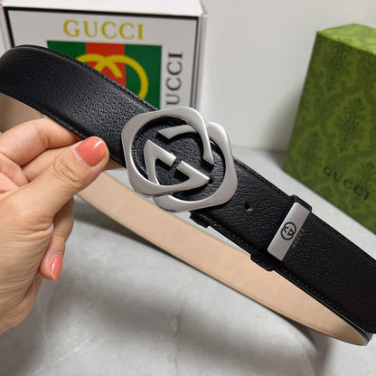 Black Leather Belt with Silver GG  Buckle