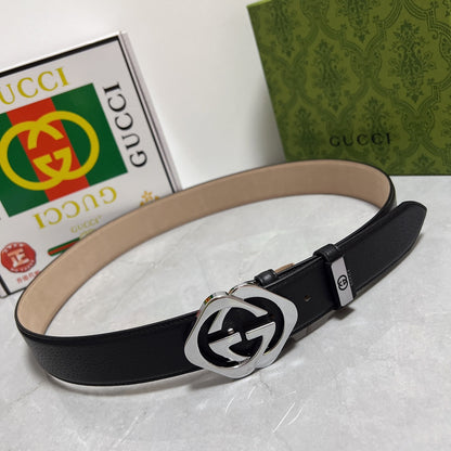 Black Leather Belt with Silver GG  Buckle