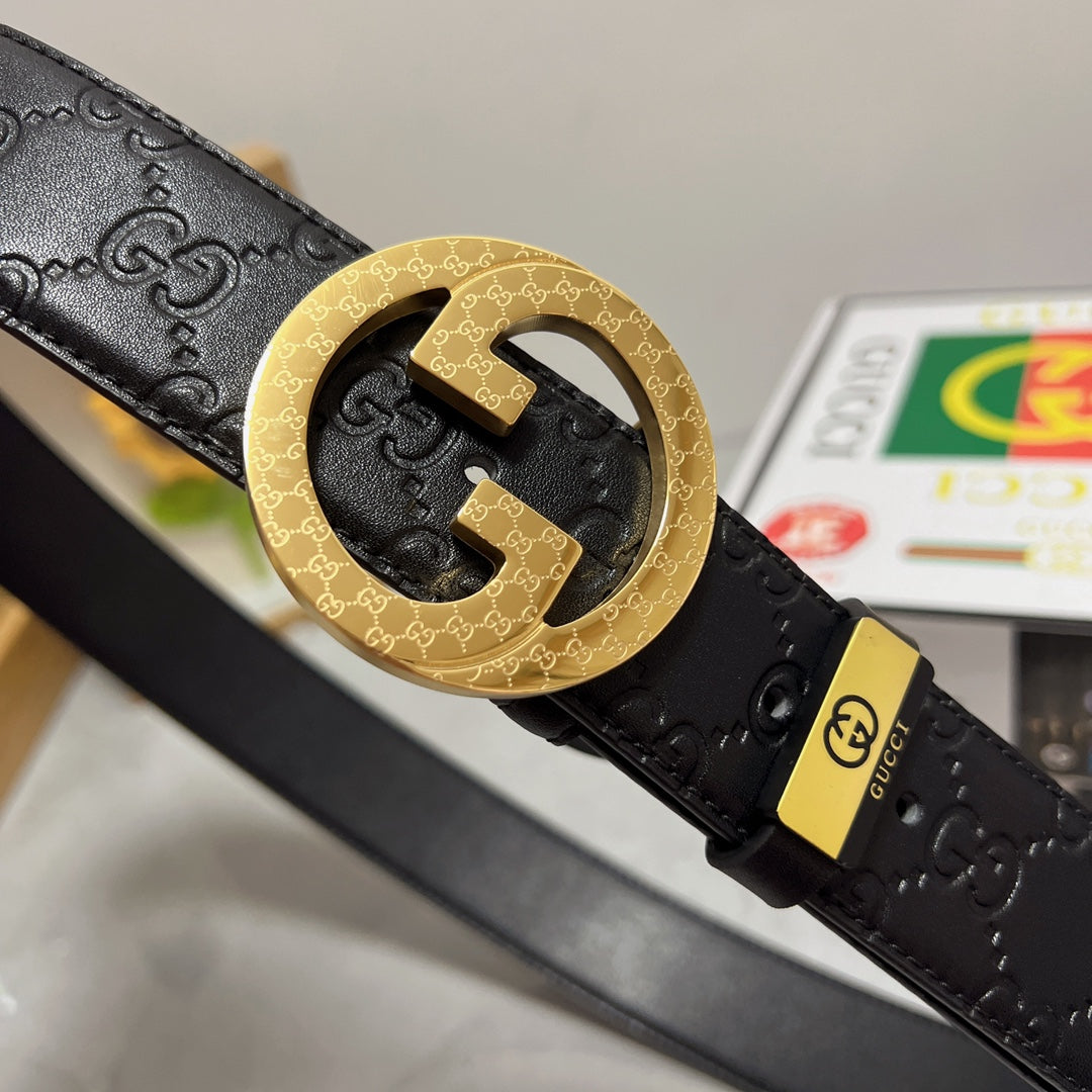 Black Leather Belt with Gold Buckle Width 3.8cm