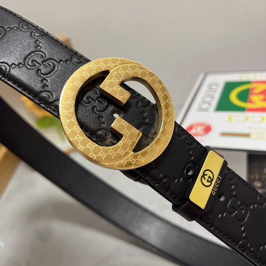 Black Leather Belt with Gold Buckle Width 3.8cm
